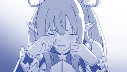 Rule 34 | 1girl, bare shoulders, blue theme, bow, closed eyes, crying, derivative work, dress, facing viewer, gradient background, hair between eyes, hair ornament, hair rings, hands up, hatsune (princess connect!), langbazi, long hair, long sleeves, monochrome, open mouth, pointy ears, princess connect!, sleeveless, sleeveless dress, solo, star (symbol), star hair ornament, tears, upper body, wide sleeves, wrist cuffs