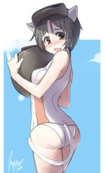 Rule 34 | 10s, 1girl, animal ears, ass, black eyes, black hair, blush, cat ears, cat tail, cowboy shot, dated, from behind, goggles, goggles on head, kantai collection, kemonomimi mode, looking at viewer, looking back, maru-yu (kancolle), one-piece swimsuit, short hair, signature, simple background, solo, swimsuit, tail, tilt-shift (azalanz)