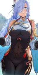 Rule 34 | 1girl, backlighting, black gloves, blue eyes, blush, bodysuit, braid, breasts, clothing cutout, covered navel, elbow gloves, genshin impact, gloves, hair ornament, hair over one eye, hews, highres, hip vent, large breasts, long hair, long sleeves, looking at viewer, low-braided long hair, low-tied long hair, partially fingerless gloves, puffy long sleeves, puffy sleeves, shenhe (genshin impact), shoulder cutout, silver hair, tabard, tassel, thighs, very long hair