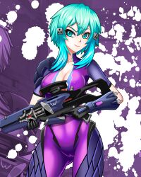 Rule 34 | 1girl, absurdres, black gloves, blue eyes, blue hair, breasts, cameltoe, cleavage, cosplay, covered erect nipples, cowboy shot, gloves, gun, hair ornament, hairclip, highres, holding, holding gun, holding weapon, imrinzlergtz art, looking to the side, medium breasts, overwatch, short hair, sinon, smile, solo, sword art online, trigger discipline, weapon, weapon connection, widowmaker (overwatch), widowmaker (overwatch) (cosplay)