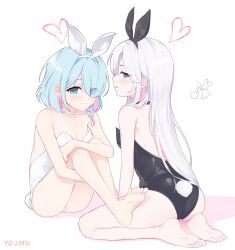Rule 34 | 2girls, absurdres, animal ears, arona (blue archive), ass, barefoot, black choker, black leotard, blue archive, blue eyes, blue hair, blush, breasts, choker, closed mouth, colored inner hair, fake animal ears, fake tail, grey eyes, heart, highres, leotard, long hair, multicolored hair, multiple girls, open mouth, pink hair, plana (blue archive), rabbit ears, rabbit tail, short hair, signature, small breasts, strapless, strapless leotard, tail, white choker, white hair, white leotard, y0ung