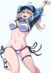 Rule 34 | 1girl, ;d, ahoge, arm up, artoria pendragon (fate), bare legs, baseball cap, bikini, blonde hair, blue eyes, blue hat, cropped legs, fate/grand order, fate (series), hat, highres, looking at viewer, mysterious heroine x (fate), mysterious heroine xx (fate), one eye closed, open mouth, ponytail, sandals, short hair, shrug (clothing), side-tie bikini bottom, simple background, smile, solo, standing, standing on one leg, swimsuit, thighlet, urayama (backmountain), white background, white bikini