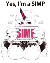 Rule 34 | 1girl, abyssal ship, ahoge, blush, breasts, claws, colored skin, covering face, cropped torso, dress, english text, eyelashes, flying sweatdrops, highres, holding, holding sign, horns, kantai collection, large breasts, long hair, long sleeves, meme, pale skin, pink eyes, pun, ribbed dress, seaport princess, sign, single horn, solo, uni (oni unicorn), upper body, white dress, white hair, white skin