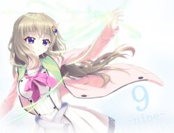 Rule 34 | 1girl, 9-nine-, absurdres, arm up, blue eyes, blush, bow, breasts, cardigan, commentary request, copyright name, cowboy shot, dress, energy, eyelashes, eyes visible through hair, floating clothes, floating hair, gear hair ornament, glowing, glowing hand, hair between eyes, highres, kujou miyako, large breasts, light brown hair, long hair, looking afar, noughtnameleyna, open cardigan, open clothes, parted lips, pink bow, pink cardigan, school uniform, sidelocks, simple background, sleeves past wrists, solo, standing, star (symbol), very long hair, white background, white dress, wing hair ornament