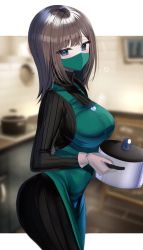 Rule 34 | 1girl, apron, black sweater, blue eyes, blurry, blurry background, blush, breasts, brown hair, cooking pot, from side, green apron, hanasaka houcha, heart, highres, holding, holding cooking pot, indoors, large breasts, long sleeves, looking at viewer, mask, medium hair, mouth mask, original, oven mitts, ribbed sweater, solo, sweater, turtleneck, turtleneck sweater