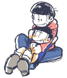 Rule 34 | 2boys, arms behind head, black hair, blue shirt, blush stickers, bowl cut, dual persona, grin, hood, hoodie, looking at another, male focus, matsuno osomatsu, multiple boys, osomatsu-kun, osomatsu-san, red hoodie, shirt, shorts, simple background, sitting, smile, time paradox, tsubuta hiro, white background