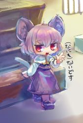 Rule 34 | 1girl, absurdres, animal ear fluff, animal ears, black footwear, capelet, commentary request, cookie (touhou), counter, full body, grey hair, grey skirt, grey vest, highres, indoors, kesa (nicoseiga13323895), layered clothes, long sleeves, looking at viewer, mouse ears, mouse girl, mouse tail, nazrin, nyon (cookie), open mouth, red eyes, shirt, shoes, short hair, skirt, skirt set, smile, socks, solo, standing, tail, touhou, translation request, vest, white capelet, white shirt, white socks, window
