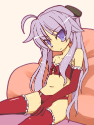 Rule 34 | 00s, 1girl, blue eyes, bustier, elbow gloves, flat chest, gloves, hiiragi kagami, lingerie, lucky star, navel, panties, pon (pixiv 61434), pon (shind 997), purple hair, red panties, sitting, solo, thighhighs, underwear