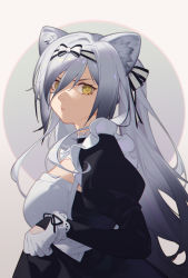 Rule 34 | 1girl, :&lt;, animal ear fluff, animal ears, apron, arknights, black dress, bow, breasts, cat ears, chinese commentary, closed mouth, commentary request, detached collar, dress, endlessdarkness, from side, gloves, hair bow, hair over one eye, hairband, highres, juliet sleeves, large breasts, long hair, long sleeves, looking at viewer, looking to the side, official alternate costume, official alternate hairstyle, puffy sleeves, schwarz (arknights), silver hair, skirt hold, solo, twintails, two-tone background, two-tone hairband, upper body, white apron, white bow, white gloves, yellow eyes