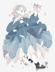 Rule 34 | 1girl, absurdres, black footwear, blonde hair, blue dress, blue eyes, choppy bangs, closed mouth, crying, dress, falling petals, flower, full body, hand on own chest, highres, holding, holding flower, layered dress, long bangs, long sleeves, medium hair, no pupils, nocopyrightgirl, original, pale skin, petals, puffy sleeves, red lips, shoes, simple background, streaming tears, tears, white background