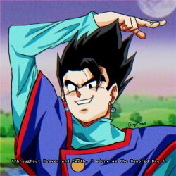 Rule 34 | black eyes, black hair, cosplay, dragon ball, english text, flying, gojou satoru (cosplay), happy, highres, jujutsu kaisen, looking at viewer, potential unleashed, redraw screenshot, smile, son gohan, spiked hair, stance of heaven and earth, tagme, ultimate gohan