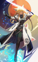 Rule 34 | 1girl, absurdres, ammunition, animal ears, blonde hair, braid, elbow gloves, eruthika, final fantasy, final fantasy xiv, gloves, gunblade, gunbreaker (final fantasy), highres, holding, holding weapon, jacket, jewelry, looking at viewer, moogle, red eyes, shotgun shell, smile, solo, sword, twin braids, warrior of light (ff14), weapon