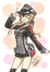 Rule 34 | 10s, 1girl, anchor hair ornament, bad id, bad twitter id, blonde hair, blush, dated, gloves, hair ornament, hat, kantai collection, long hair, long sleeves, looking at viewer, microskirt, military, military uniform, open mouth, over-kneehighs, peaked cap, pleated skirt, prinz eugen (kancolle), signature, simple background, skirt, solo, thighhighs, twintails, twitter username, uniform, white gloves, yuihira asu, zettai ryouiki