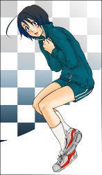 Rule 34 | 00s, 1boy, ahoge, black hair, bleach, checkered background, gym shorts, gym uniform, hands on own chest, jacket, lowres, male focus, open mouth, own hands clasped, own hands together, popped collar, shoes, shorts, sneakers, socks, solo, trap, white socks, yamada hanatarou, yamatoya