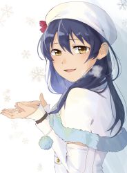 Rule 34 | 1girl, beret, blue hair, blush, capelet, commentary request, detached sleeves, from side, fur trim, hat, highres, long hair, looking at viewer, love live!, love live! school idol project, open mouth, simple background, smile, snow halation, snowflakes, solo, sonoda umi, upper body, white background, zunda mochi (zundamochilala)