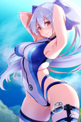 Rule 34 | 1girl, akazawa kureha, arched back, armpits, arms behind head, arms up, bare shoulders, blue bow, blue one-piece swimsuit, blue sky, blush, bow, breasts, closed mouth, competition swimsuit, fate/grand order, fate (series), hair bow, highleg, highleg swimsuit, large breasts, long hair, looking at viewer, one-piece swimsuit, ponytail, red eyes, silver hair, sky, smile, swimsuit, thigh strap, thighs, tomoe gozen (fate), tomoe gozen (swimsuit saber) (fate), tomoe gozen (swimsuit saber) (first ascension) (fate), two-tone swimsuit, very long hair, water drop, white one-piece swimsuit