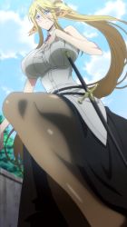 Rule 34 | 10s, 1girl, absurdres, blonde hair, blue eyes, blush, breasts, centaur, centorea shianus, cloud, from below, gradient background, highres, huge breasts, legs, long hair, monster girl, monster musume no iru nichijou, ponytail, screencap, solo, standing, stitched, sword, taur, third-party edit, weapon