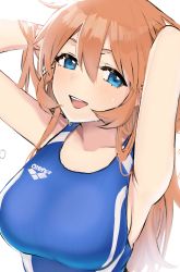 Rule 34 | 1girl, arms up, blue eyes, blue one-piece swimsuit, blush, breasts, charlotte e. yeager, commentary request, commission, competition swimsuit, emirio (emirio110), hair between eyes, hands in hair, highres, large breasts, long hair, looking at viewer, one-piece swimsuit, orange hair, parted lips, simple background, skeb commission, solo, strike witches, swimsuit, very long hair, wet, white background, world witches series