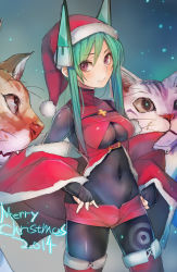 Rule 34 | 10s, 1girl, 2014, adapted costume, bodysuit, boots, breasts, cat, christmas, covered navel, cowboy shot, fur boots, green hair, hat, headgear, highres, long hair, looking at viewer, menou kaname (taishi), merry christmas, original, purple eyes, red footwear, red thighhighs, santa boots, santa costume, santa hat, solo, taishi (picchiridou), thigh boots, thighhighs