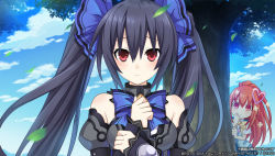 Rule 34 | 10s, 2014, 2girls, bare shoulders, black hair, blue ribbon, bow, bowtie, chou megami shinkou noire gekishin black heart, cloud, company name, day, detached sleeves, game cg, hair ornament, hair ribbon, heart, heart hair ornament, hiding, leaf, looking at viewer, multiple girls, neptune (series), noire (neptunia), non-web source, official art, one side up, outdoors, peeking out, pink eyes, pink hair, ponytail, red eyes, red hair, ribbon, saori (chou megami shinkou noire gekishin black heart), shirt, short sleeves, sky, tree, tsunako, twintails, watermark, wind