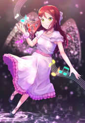 Rule 34 | 1girl, b.ren, birthday, black footwear, commentary request, dress, energy wings, frilled dress, frilled sleeves, frills, hair ornament, hair ribbon, half updo, highres, jewelry, long hair, love live!, love live! sunshine!!, musical note, necklace, pink dress, pink scrunchie, red hair, ribbon, sakurauchi riko, scrunchie, solo, wrist scrunchie, yellow eyes