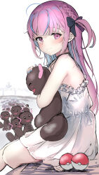 Rule 34 | 1girl, absurdres, ahoge, bare shoulders, black bow, black choker, blue hair, blue nails, blunt bangs, blush, bow, braid, check copyright, choker, closed mouth, commentary request, copyright request, creatures (company), dress, feet out of frame, frilled dress, frills, game freak, hair bow, headpat, highres, hololive, long hair, looking at viewer, minato aqua, multicolored hair, nintendo, one side up, paldean wooper, pink hair, poke ball, pokemon, purple eyes, sitting, smile, solo, streaked hair, tazrn1, virtual youtuber, white dress