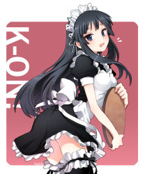 Rule 34 | 00s, 1girl, akiyama mio, alternate costume, apron, bad id, bad pixiv id, black hair, black thighhighs, blue eyes, blunt bangs, clothes lift, dress, embarrassed, enmaided, frilled thighhighs, frills, from behind, hair ornament, highres, hime cut, k-on!, long hair, looking back, maid, maid apron, maid headdress, nardack, open mouth, ribbon, short dress, sidelocks, skirt, skirt lift, solo, standing, tears, thighhighs, tray, very long hair, wind, wind lift, zettai ryouiki