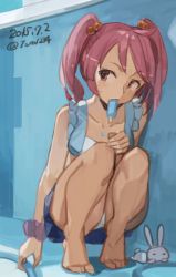 Rule 34 | 10s, 1girl, bare legs, barefoot, blush, dated, food, gradient background, hair bobbles, hair ornament, kantai collection, pink eyes, pink hair, popsicle, sazanami (kancolle), solo, squatting, swimsuit, toro (konirio), twintails, twitter username