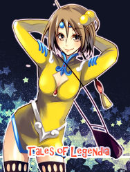 Rule 34 | 1girl, bag, blush, boots, breasts, brown eyes, brown hair, cleavage, cleavage cutout, clothing cutout, dress, hair ornament, mizuno haruhi, norma beatty, short hair, smile, star (symbol), tales of (series), tales of legendia, thigh boots, thighhighs