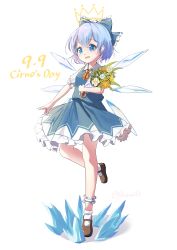 Rule 34 | 1girl, :d, absurdres, black footwear, blue bow, blue eyes, blue hair, blue skirt, blue vest, bouquet, bow, cirno, cirno day, collared shirt, crown, dated, flower, frilled skirt, frills, full body, hair bow, highres, holding, holding bouquet, ice, ice wings, lbcirno9, looking at viewer, open mouth, puffy short sleeves, puffy sleeves, shirt, short hair, short sleeves, simple background, skirt, smile, socks, solo, touhou, vest, white background, white shirt, white socks, wings