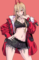 Rule 34 | 1girl, absurdres, bare shoulders, biting, black shorts, blonde hair, blush, breasts, chainsaw man, cleavage, coat, cross-shaped pupils, finger biting, highres, horns, jacket, jacket partially removed, large breasts, navel, orange eyes, power (chainsaw man), red coat, red horns, sharp teeth, shorts, solo, standing, symbol-shaped pupils, teeth, underwear, yamashita shun&#039;ya