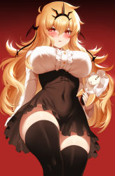 Rule 34 | 1girl, ascot, black dress, black rock shooter, black thighhighs, blonde hair, blush, breasts, center frills, chariot (black rock shooter), collared shirt, crown, dress, dress shirt, frills, highres, large breasts, long hair, long sleeves, looking at viewer, m-da s-tarou, parted lips, red ascot, red background, red eyes, shirt, short dress, solo, stuffed toy, thighhighs, thighs, underbust, white shirt