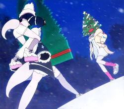 Rule 34 | 3girls, animal ear fluff, animal ears, black jacket, blonde hair, carrying, christmas tree, commentary, cropped jacket, dog ears, dog girl, dog tail, dress, dutch angle, english commentary, fishnet thighhighs, fishnets, fuwawa abyssgard, hand in pocket, highres, hololive, hololive english, inugami korone, inugami korone (1st costume), jacket, looking at another, ludokano, meme, mococo abyssgard, multiple girls, night, night sky, oh? you&#039;re approaching me? (meme), outdoors, piggyback, pink socks, shoes, shorts, siblings, single thighhigh, sisters, sky, sneakers, snow, socks, tail, thighhighs, virtual youtuber, white dress, white footwear, white shorts, yellow jacket