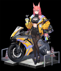 Rule 34 | 1girl, animal ears, arknights, bag, bag charm, bird, black background, black footwear, black gloves, black pantyhose, black skirt, breasts, brown pantyhose, character request, charm (object), chinese commentary, cleavage, cleavage cutout, clothing cutout, crazy straw, crop top, cup, day, disposable cup, drinking straw, full body, girls&#039; frontline, gloves, hair between eyes, hand in pocket, handbag, has bad revision, has downscaled revision, heart straw, id card, jacket, jianshu, large breasts, long hair, md5 mismatch, midriff, mole, mole under eye, motor vehicle, motorcycle, navel, outdoors, pantyhose, pencil skirt, pink hair, red eyes, resolution mismatch, skirt, solo, source smaller, standing, traffic cone, yellow jacket