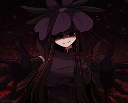 Rule 34 | 1girl, absurdres, black hair, blunt bangs, dress, elbow gloves, empty eyes, flower, flower on head, gloves, gradient background, grape print, highres, littlecloudie, long hair, looking at viewer, outstretched arms, purple dress, shaded face, smile, solo, touhou, unfinished dream of all living ghost, upper body, vine print, yomotsu hisami