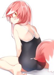 Rule 34 | 1girl, animal ears, bare legs, bare shoulders, barefoot, between legs, black one-piece swimsuit, blush, clothing cutout, competition school swimsuit, competition swimsuit, ears down, fox ears, fox tail, from behind, haatia (otokuyou), hand between legs, highres, looking back, one-piece swimsuit, original, otokuyou, pink hair, profile, school swimsuit, short hair, simple background, sitting, soles, solo, spread legs, swimsuit, tail, tail through clothes, wariza, white background, yellow eyes