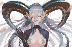 Rule 34 | 1girl, :d, ^ ^, black capelet, black gloves, braid, breasts, capelet, closed eyes, collarbone, commentary request, covered collarbone, curled horns, elbow gloves, facing viewer, fangs, fate/grand order, fate (series), gloves, hair between eyes, hair censor, hair over breasts, hand up, horns, long hair, medium breasts, open mouth, ota (ota-0000), petals, pointy ears, short eyebrows, silver hair, smile, solo, striped clothes, striped gloves, thick eyebrows, tiamat (fate), twin braids, upper body, vertical-striped clothes, vertical-striped gloves, very long hair