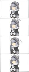Rule 34 | 1girl, 4koma, absurdres, adjusting hair, ahoge, antenna hair, blush stickers, chibi, cloak, comic, commentary request, fate/grand order, fate (series), feather trim, flying sweatdrops, gray (fate), green eyes, hair between eyes, highres, hood, hood up, hooded cloak, long sleeves, lord el-melloi ii case files, pekeko (pepekekeko), silent comic, solo, standing, translation request, upper body, white background