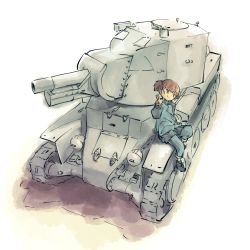 Rule 34 | 10s, 1girl, ankle boots, blue footwear, blue jacket, blue pants, blue skirt, blunt bangs, boots, bt-42, closed mouth, commentary request, girls und panzer, jacket, keizoku military uniform, leaning to the side, long sleeves, looking at viewer, mikko (girls und panzer), military, military uniform, military vehicle, miniskirt, motor vehicle, pants, pants rolled up, pants under skirt, partial commentary, pleated skirt, raglan sleeves, red eyes, red hair, short hair, short twintails, single vertical stripe, sitting, skirt, smile, solo, tank, track jacket, track pants, twintails, uniform, w, yasushi