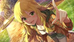Rule 34 | 1girl, black undershirt, blonde hair, blush, breasts, brick floor, bush, buttons, cleavage, game cg, grass, green eyes, green shorts, hood, hoodie, hoshii miki, idolmaster, idolmaster (classic), idolmaster million live!, idolmaster million live! theater days, jacket, jewelry, layered, leggings, lens flare, looking at viewer, necklace, official art, open mouth, park, plaid, plaid jacket, pointing finger, shirt, short shorts, shorts, sleeves rolled up, white shirt