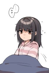 Rule 34 | 1girl, blanket, brown eyes, expressionless, hayashio (kancolle), highres, hood, hooded sweater, kantai collection, long hair, messy hair, mole, mole under eye, pink sweater, shirasumato, simple background, sleepwear, sleepy, solo, speech bubble, striped clothes, striped sweater, sweater, upper body, white background