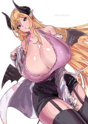 Rule 34 | 1girl, absurdres, bare shoulders, black skirt, black thighhighs, blonde hair, breasts, chestnut mouth, cleavage, coat, curvy, demon girl, demon horns, dutch angle, female focus, garter straps, green eyes, highres, hololive, horns, huge breasts, lemonbizate, looking at viewer, pink shirt, pointy ears, shirt, skirt, solo, thick thighs, thighhighs, thighs, virtual youtuber, white background, white coat, wide hips, yuzuki choco, zettai ryouiki