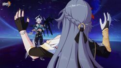 Rule 34 | 1boy, 1girl, asymmetrical clothes, black nails, black wings, chinese clothes, crossed arms, diabolic kevin (honkai impact), fingerless gloves, fu hua, fu hua (herrscher of sentience), gloves, grey hair, highres, honkai (series), honkai impact 3rd, horns, kevin kaslana, logo, looking at viewer, official art, official wallpaper, pointy ears, single wing, standing, star (symbol), upper body, white gloves, white hair, wings