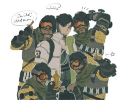 Rule 34 | ..., 5boys, annoyed, apex legends, black eyes, black gloves, black hair, black pants, black shirt, bodysuit, clone, commentary, crypto (apex legends), english commentary, english text, facial hair, fingerless gloves, gloves, goatee, goggles, goggles on head, green scarf, green vest, grey jacket, hair behind ear, highres, holding, holding trophy, hologram, jacket, looking to the side, mao ke, mirage (apex legends), multiple boys, pants, pointing, pointing down, pointing up, puckered lips, scar, scar across eye, scarf, shirt, sketch, smile, spoken ellipsis, too much witt, trophy, vest, yellow bodysuit