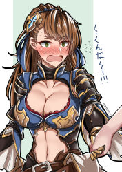 Rule 34 | 1girl, @ @, beatrix (granblue fantasy), belt, blue ribbon, blush, breasts, brown hair, cleavage, cleavage cutout, clothing cutout, collarbone, commentary request, embarrassed, flying sweatdrops, granblue fantasy, green eyes, hair ornament, hair ribbon, hairclip, highres, holding hands, large breasts, long hair, navel, nose blush, open mouth, out of frame, ponytail, ribbon, sanmoto gorouzaemon, simple background, solo focus, translation request, upper body