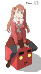 Rule 34 | 1girl, arm support, artist name, black pantyhose, blue eyes, brown footwear, character request, copyright request, dated, glasses, highres, loafers, long hair, long sleeves, looking down, miniskirt, mozzi, pantyhose, pleated skirt, red hair, red shirt, red skirt, school uniform, serafuku, shirt, shoes, sitting, skirt, smile, solo, straddling, twintails, white background