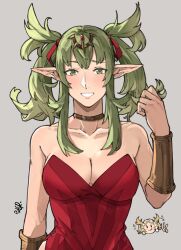 Rule 34 | 1girl, alternate hairstyle, bare shoulders, breasts, choker, cleavage, collar, cosplay, dress, fire emblem, fire emblem awakening, green eyes, green hair, highres, holding, holding hair, light blush, lissa (fire emblem), lissa (fire emblem) (cosplay), long hair, looking at viewer, medium breasts, nintendo, pointy ears, red dress, sakuremi, smile, solo, teeth, tiara, tiki (adult) (fire emblem), tiki (fire emblem)