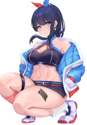 Rule 34 | 1girl, bikini, black bikini, black hair, black skirt, blue eyes, blue jacket, breasts, cleavage, closed mouth, gridman universe, hair ribbon, hands in pockets, highres, jacket, kneehighs, large breasts, long hair, looking at viewer, microskirt, multicolored clothes, multicolored jacket, navel, off shoulder, official alternate costume, official alternate hairstyle, ponytail, ribbon, shoes, single kneehigh, single sock, skirt, sneakers, socks, solo, squatting, ssss.gridman, swimsuit, takarada rikka, takarada rikka (solarain toys), thick thighs, thigh strap, thighs, uyufuzi s, white background, white footwear, white jacket