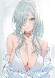 1girl babydoll blue_eyes breasts cleavage eyeliner gold_choker guchico hair_over_one_eye hashtag-only_commentary highres large_breasts long_hair looking_at_viewer makeup off_shoulder original solo upper_body white_hair