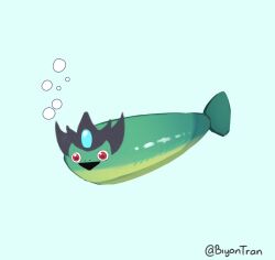 Rule 34 | :d, animal, animalization, artist name, biyon tran, fish, highres, league of legends, nami (league of legends), open mouth, red eyes, sacabambaspis, simple background, smile, triangle mouth, white background